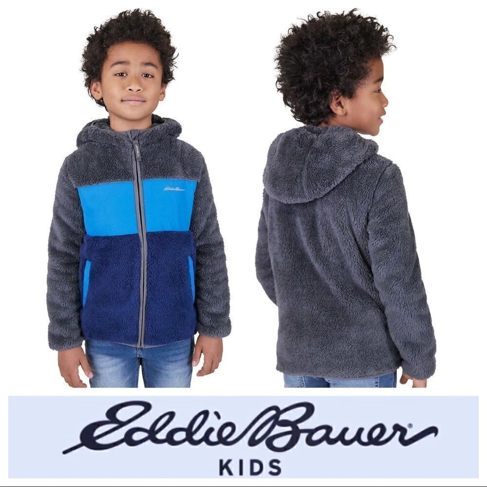 NEW! NWT EDDIE BAUER Youth Boys Blue Gray Color-block Plush Fleece Zip Jacket